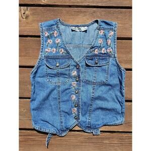 Vintage Studio West Denim Vest Womens Snall Button Up Flower Embroidered 90s